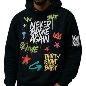 Never broke again Streetwear Hoodie Black XL Neon Graphic Graffiti‎ Print urban
